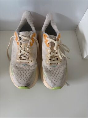 Hoka Light Beige Running Shoes with Yellow & Lime Accents
